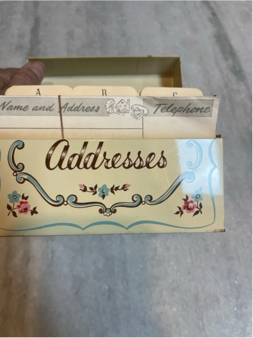 Vintage Stylecraft Floral Metal Address Card File Box w/ Cards Mid Century Decor